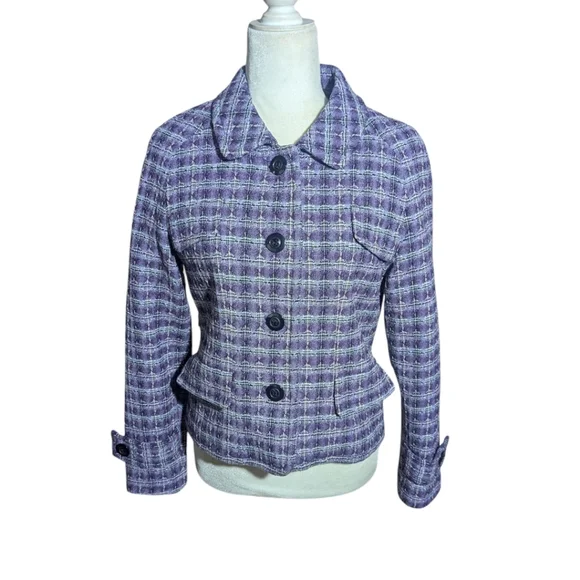 Pendleton Lavender Purple Plaid Blazer 100% Wool Tab Sleeves Cropped Sz 10P - Picture 2 of 11